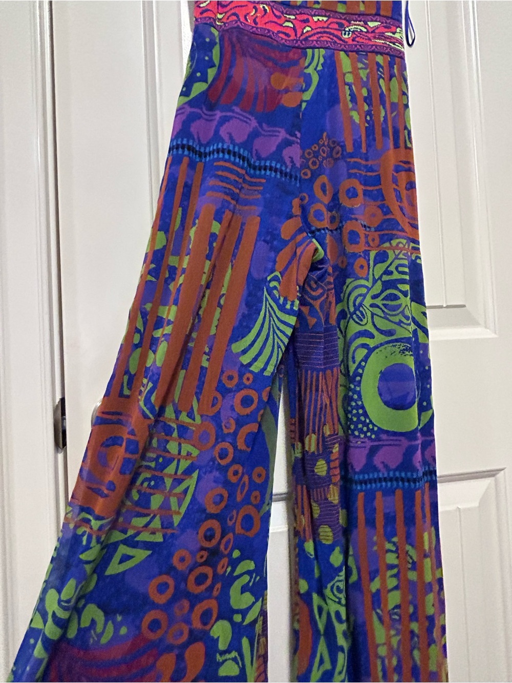 FUZZI Tuta Mesh Jumpsuit XS Blue Green Orange Abstract Print Wide Leg